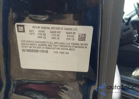 2013 Chevrolet Impala Lt z USA, uszkodzony, nr VIN 2G1WG5E35D1176745